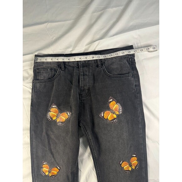 MNML Jeans Womens Size 33 Straight Butterfly Print Black 5 Pocket Raw Hem - Picture 3 of 8